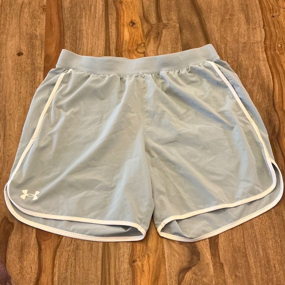 Under Armour Fly By‎ 2.0 Running Shorts Womens Large Light Blue Gray White Trim